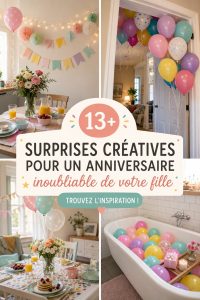 Fille heureuse entourée de surprises d'anniversaire colorées le matin
