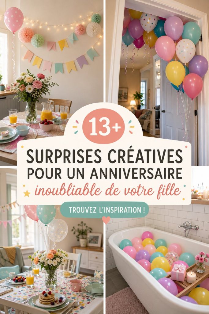 Fille heureuse entourée de surprises d'anniversaire colorées le matin