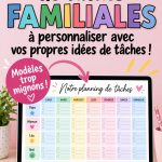 Tableau de tâches familiales coloré et personnalisé avec des espaces pour les corvées des enfants.