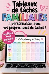 Tableau de tâches familiales coloré et personnalisé avec des espaces pour les corvées des enfants.