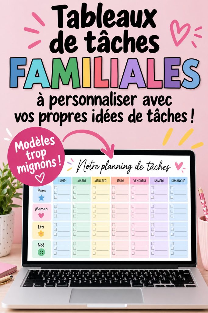 Tableau de tâches familiales coloré et personnalisé avec des espaces pour les corvées des enfants.