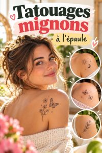 Tatouage mignon sur l'épaule représentant une petite fleur colorée.