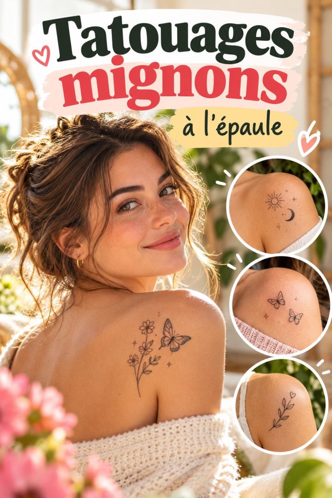 Tatouage mignon sur l'épaule représentant une petite fleur colorée.