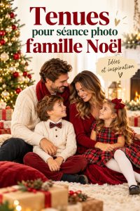 Une famille souriante habillée en tenues de Noël pour une séance photo festive.