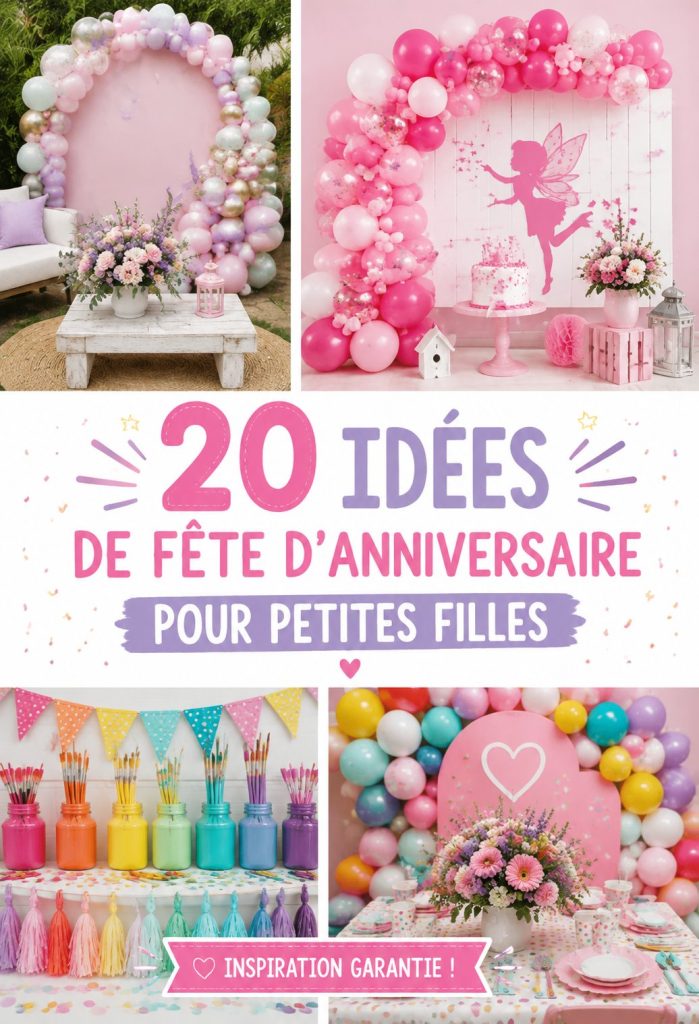 Thèmes de fêtes d'anniversaire pour petites filles avec décorations colorées et gâteaux.