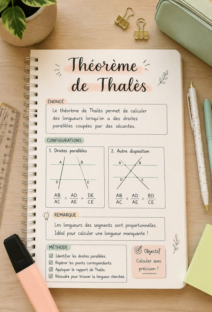Illustration du théorème de Thalès montrant des triangles et des droites parallèles.