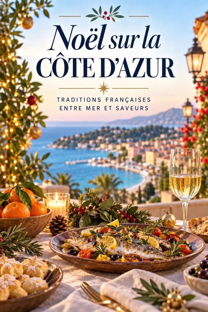Un marché de Noël sur la Côte d'Azur illuminé, symbole des traditions festives françaises.